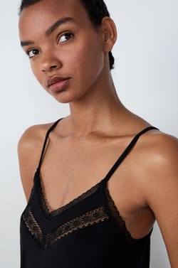 Camisole with thin straps and lace neckline;${refinementColor}