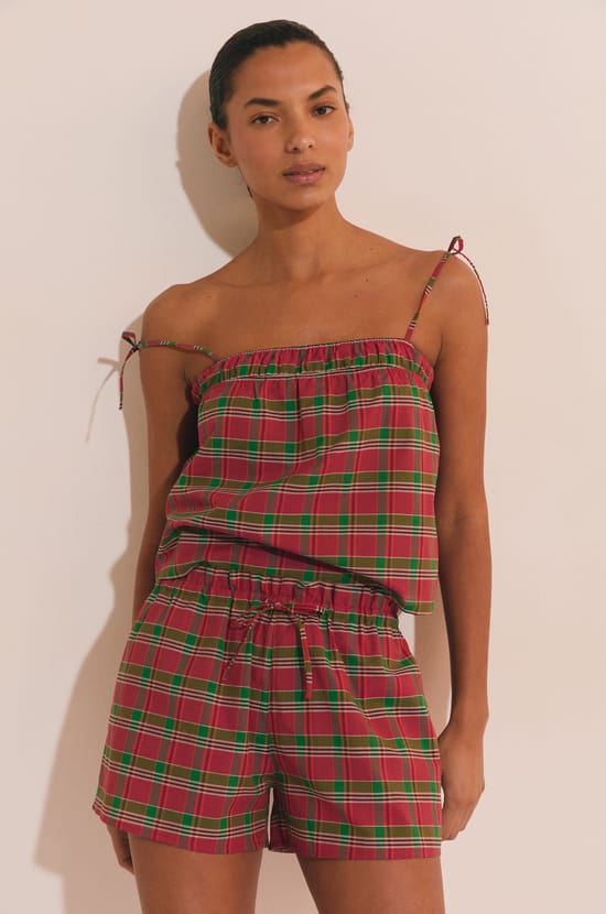 Short de pyjama &agrave; carreaux en coton;${refinementColor}