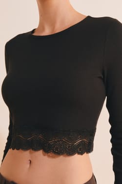 T-shirt court manches longues avec dentelle en coton;${refinementColor}