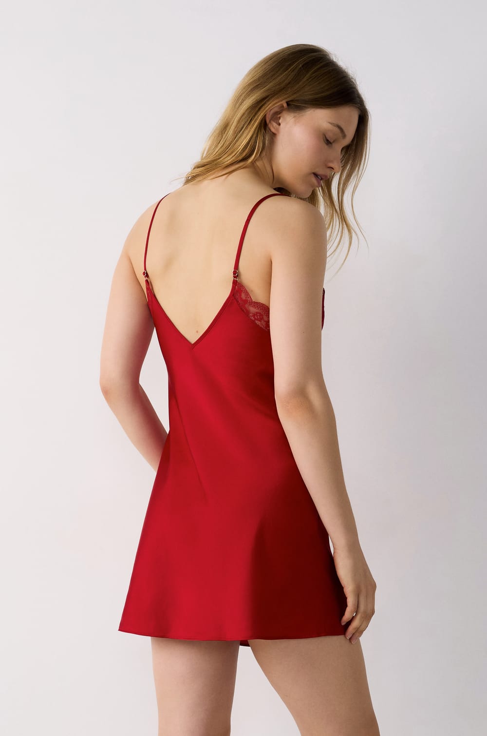 Short Satin Nightdress with Lace Neckline;${refinementColor}