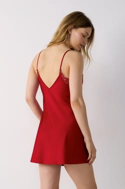Short Satin Nightdress with Lace Neckline;${refinementColor}