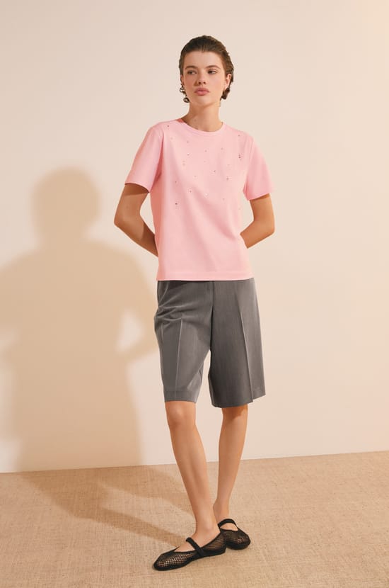 T-shirt &agrave; manches courtes en coton avec strass;${refinementColor}