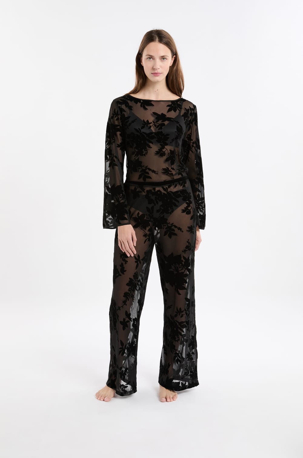 Pantalon transparent à motif floral;${refinementColor}