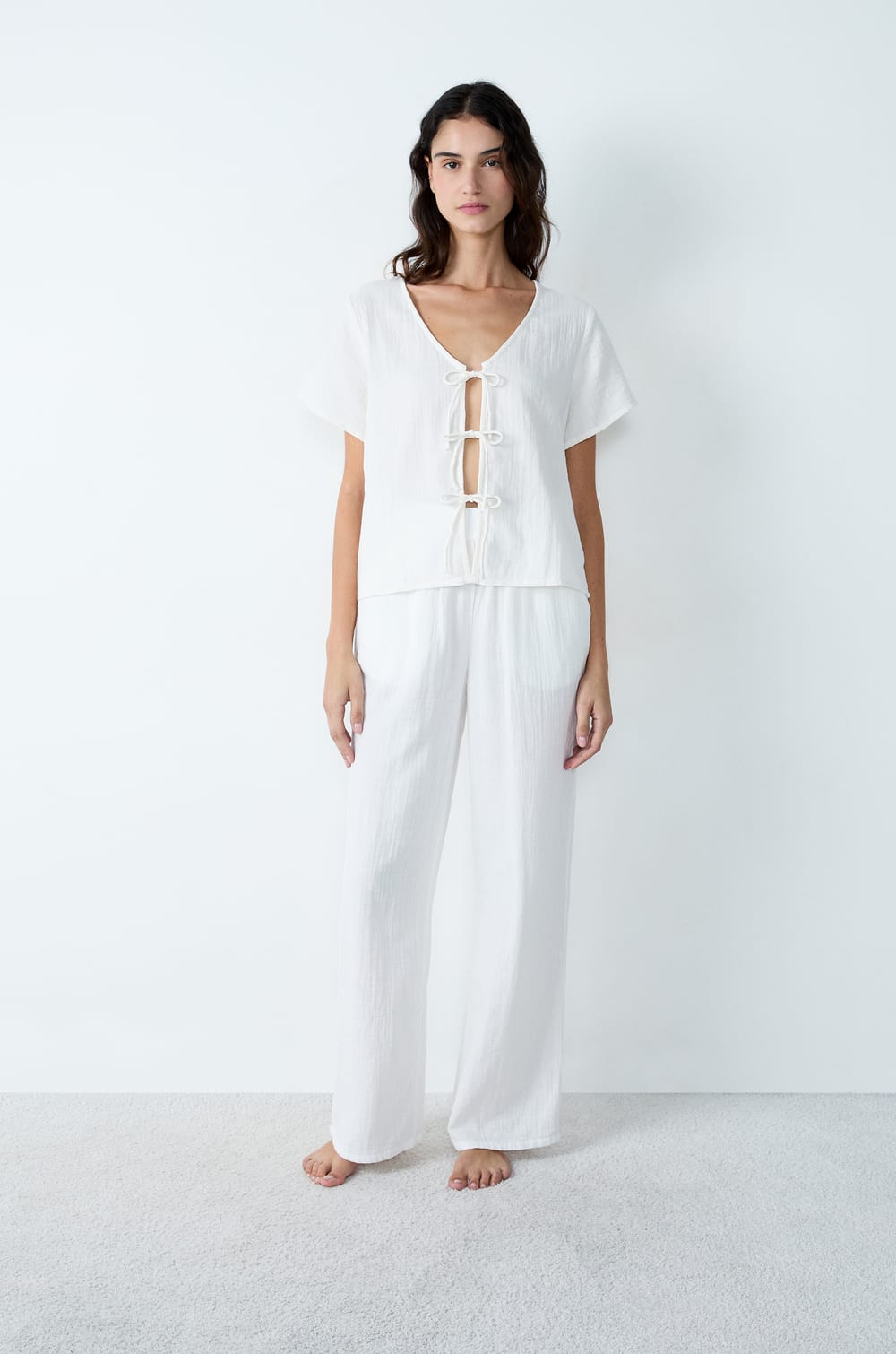 Chemise manches courtes en coton à nœuds;${refinementColor}