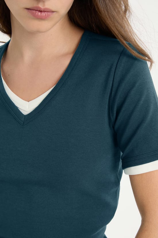 V-neck T-shirt with cotton modal;${refinementColor}