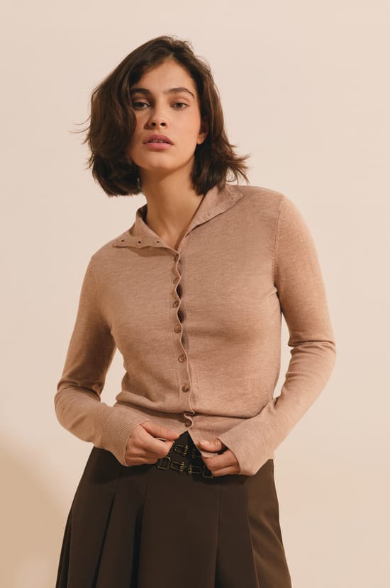 Cardigan &agrave; col montant avec laine;${refinementColor}