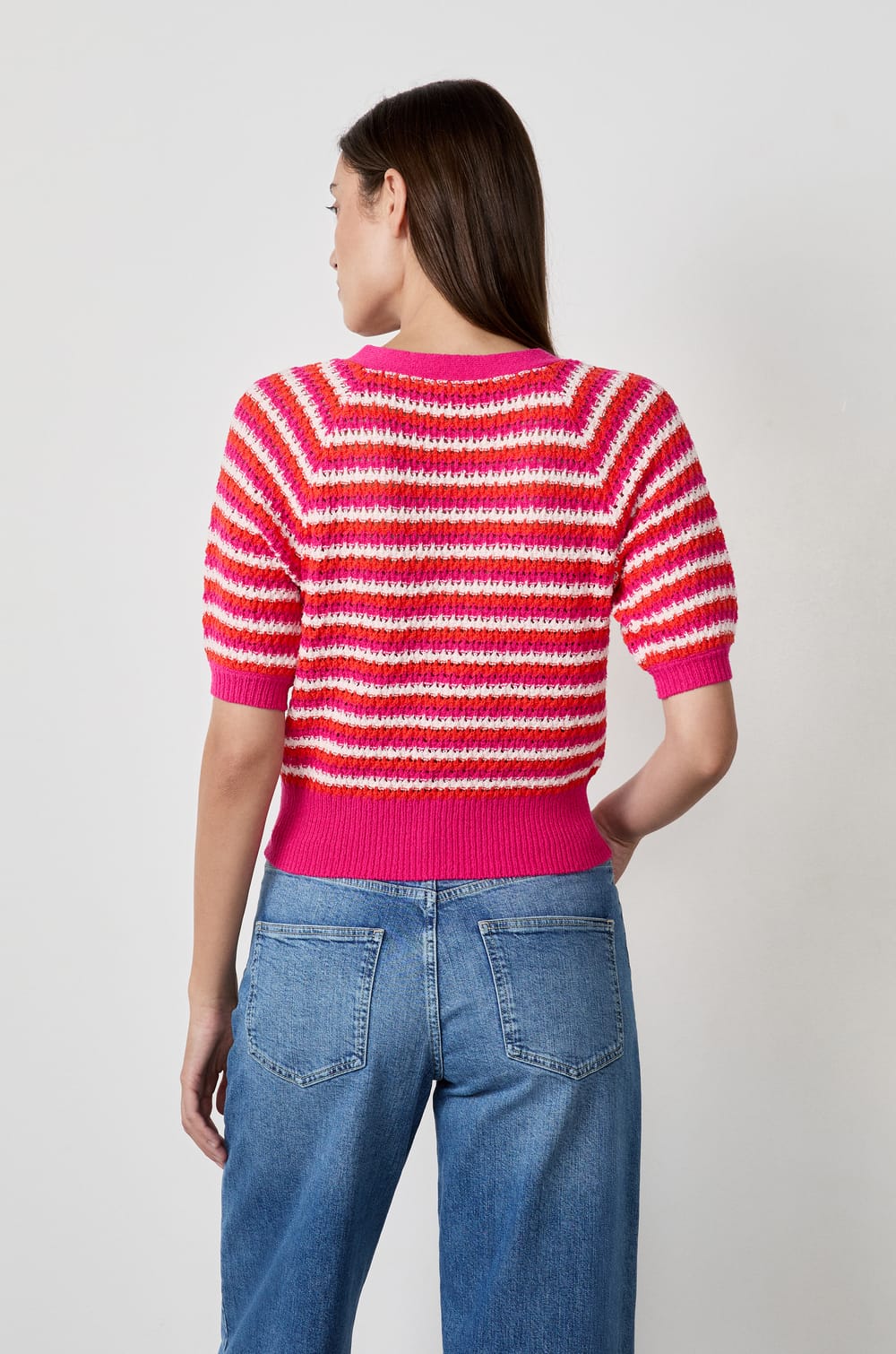 Cardigan manches courtes &agrave; rayures;${refinementColor}