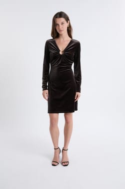 Long-Sleeve Velvet Dress With Ring Detail;${refinementColor}