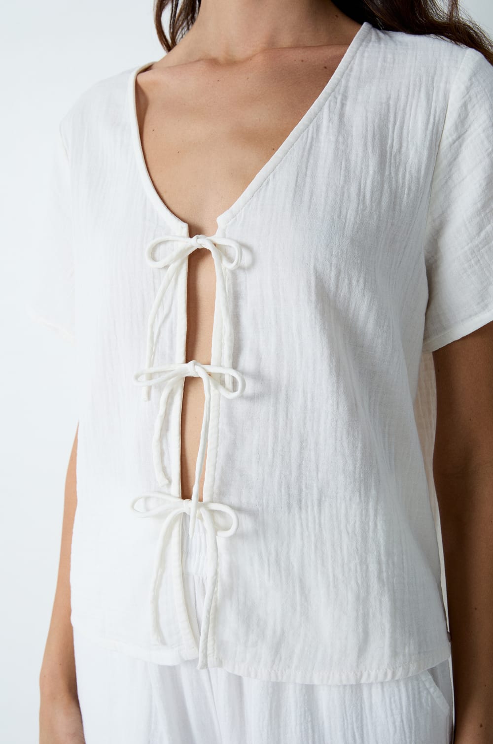 Chemise manches courtes en coton à nœuds;${refinementColor}