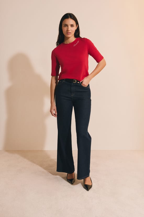 T-shirt en coton brod&eacute; manches coudes;${refinementColor}