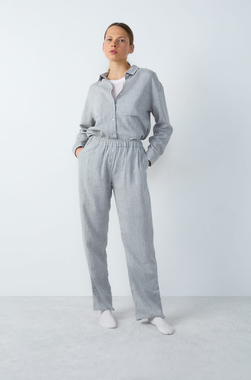 Straight Leg Linen Pyjama Trousers;${refinementColor}