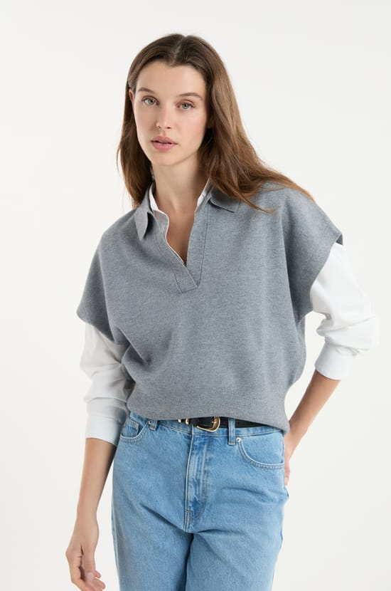 Pull sans manches col Polo;${refinementColor}