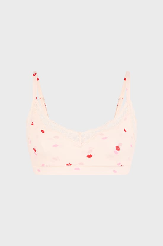Microfibre Bralette with Kiss Motifs and Lace Details;${refinementColor}