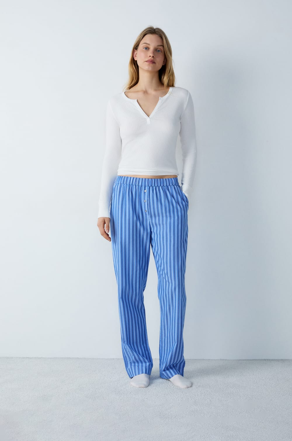 Striped cotton pyjama trousers;${refinementColor}