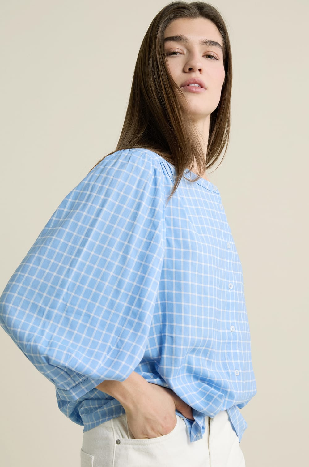 Balloon Sleeve Checkered Blouse;${refinementColor}