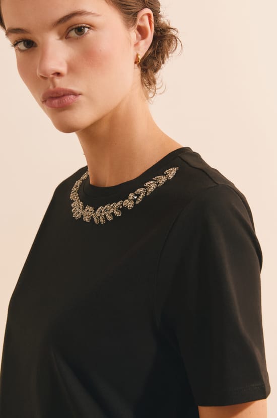 T-shirt manches courtes avec strass en coton;${refinementColor}