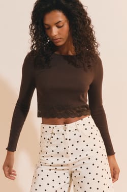T-shirt court manches longues avec dentelle en coton;${refinementColor}