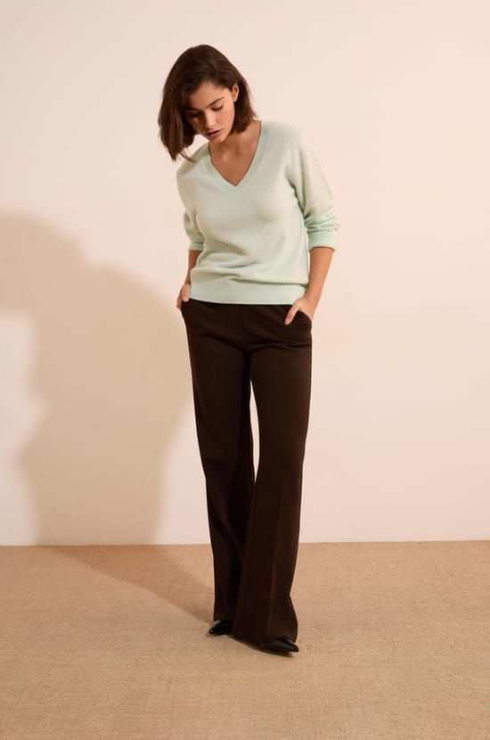 Pull manches longues col V en cachemire;${refinementColor}