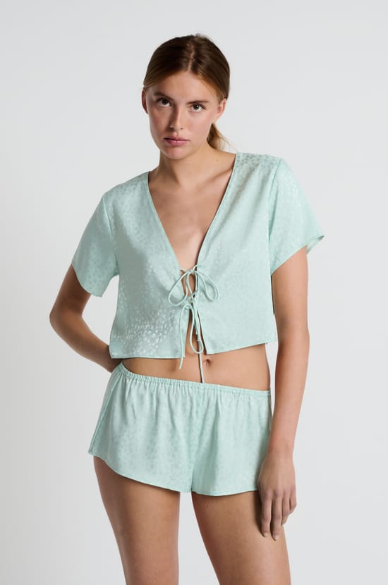 Printed satin blouse with short sleeves and bows;${refinementColor}