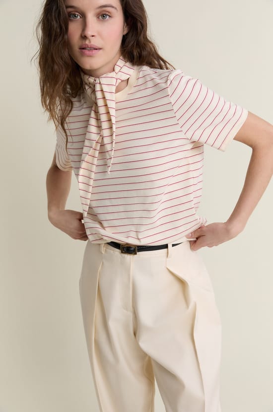 Short-sleeved striped cotton t-shirt with foulard detail;${refinementColor}