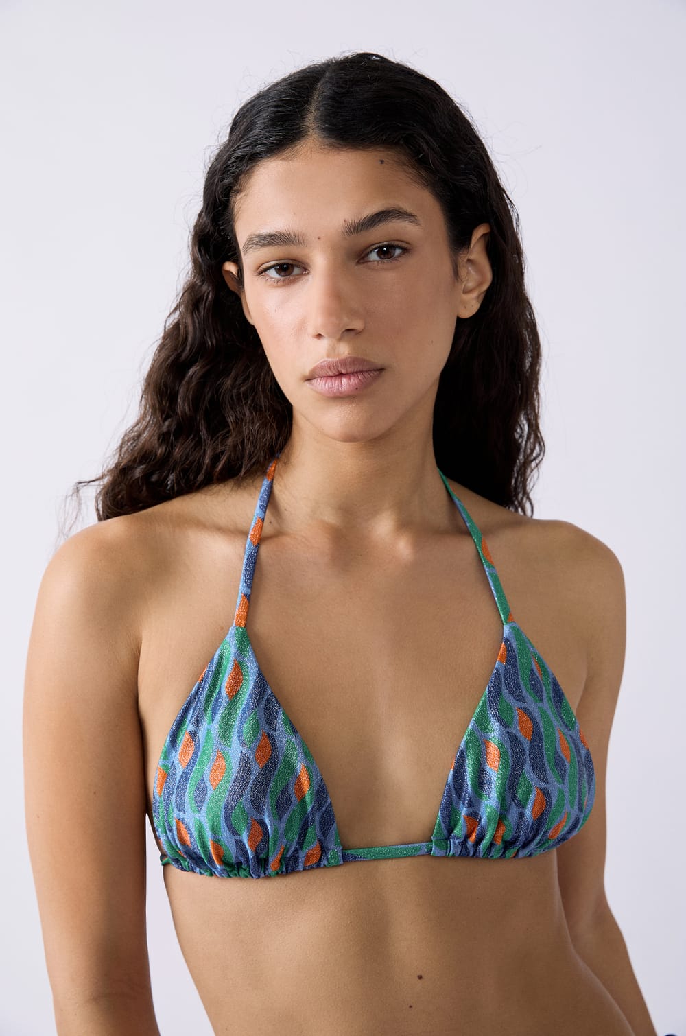 Glittery Triangle Bikini Top;${refinementColor}