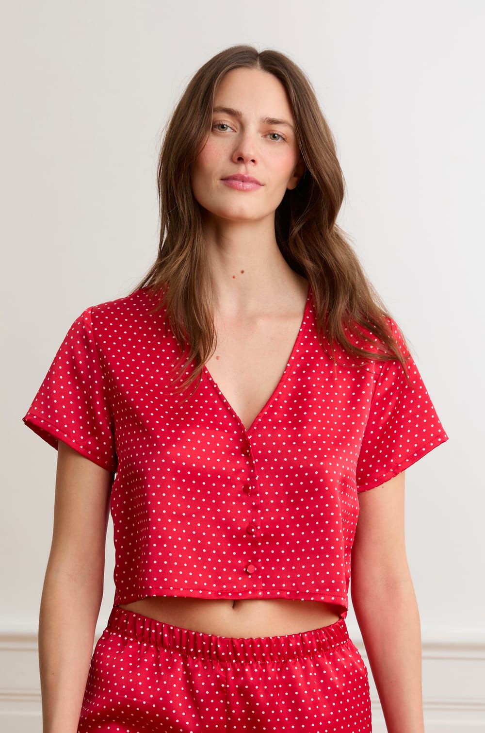 Polka Dot Satin Pajama Top;${refinementColor}