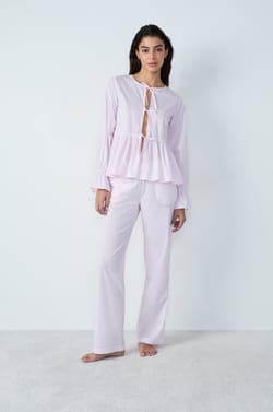 Long-sleeved cotton pyjama shirt with striped bow detail;${refinementColor}