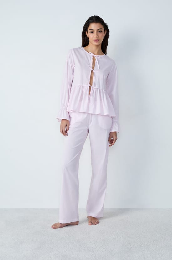 Long-sleeved cotton pyjama shirt with striped bow detail;${refinementColor}