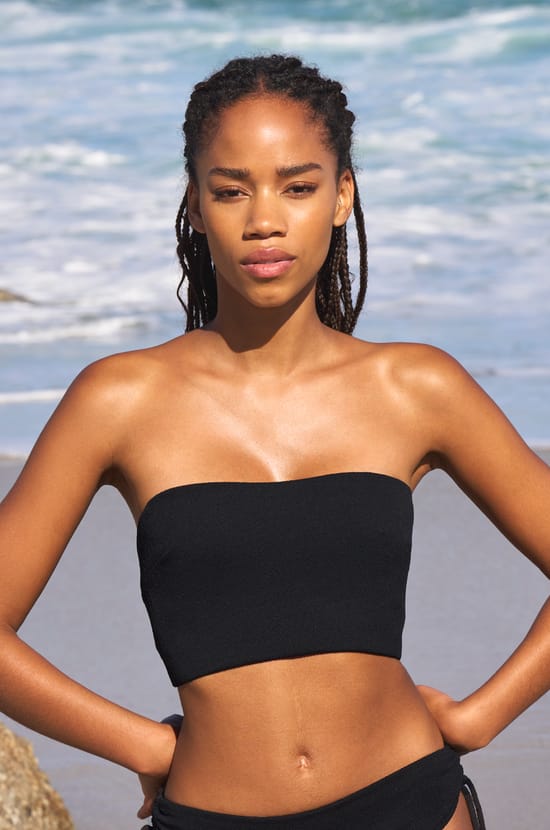 Strapless tie-front bikini top with pearl details;${refinementColor}