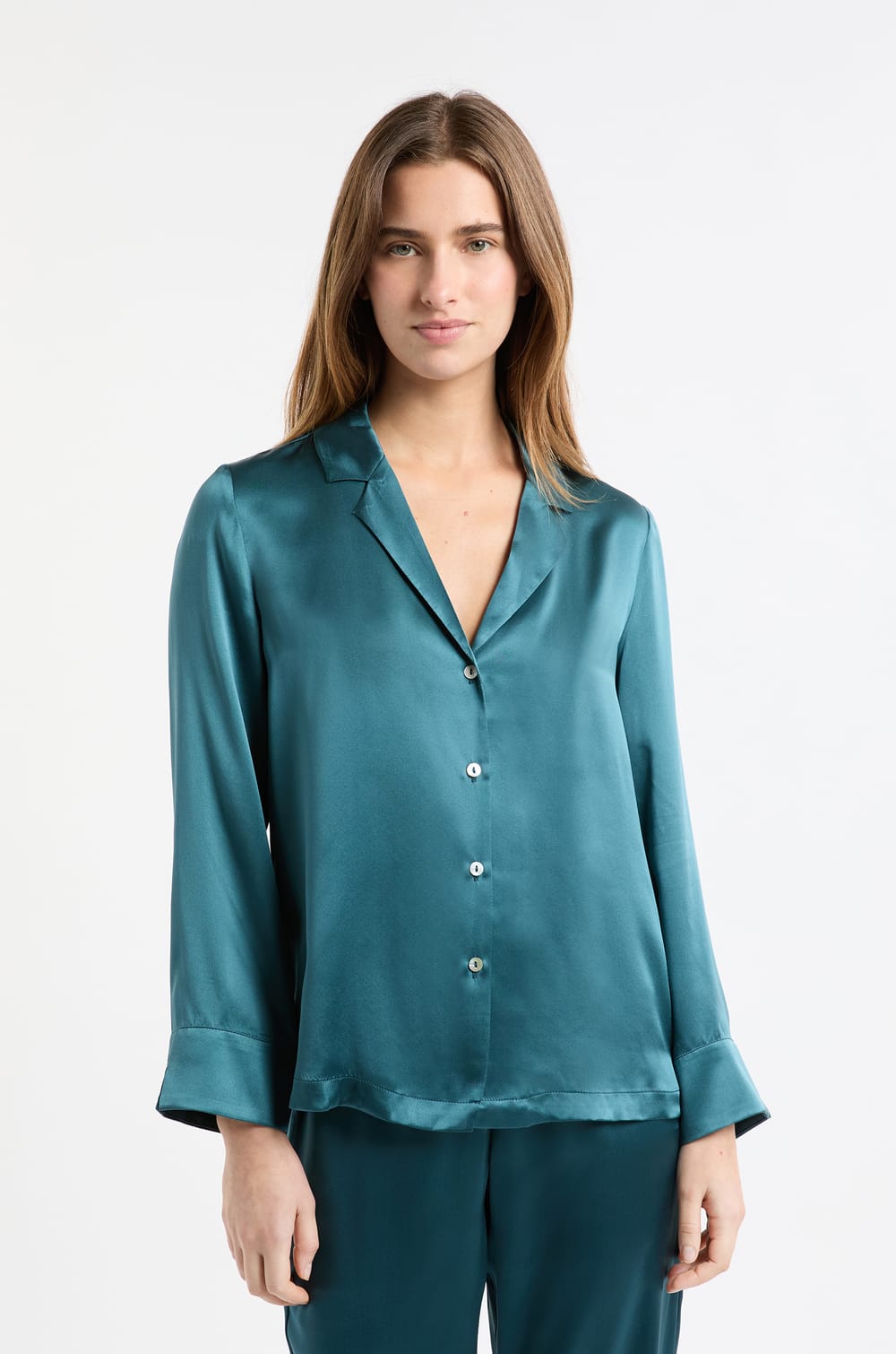 Chemise de pyjama manches longues en soie;${refinementColor}