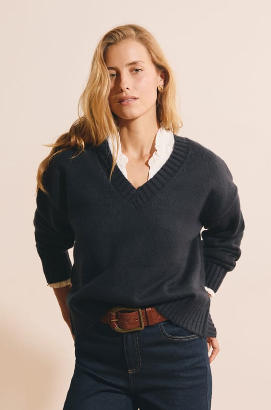 Pull manches longues &agrave; col V;${refinementColor}