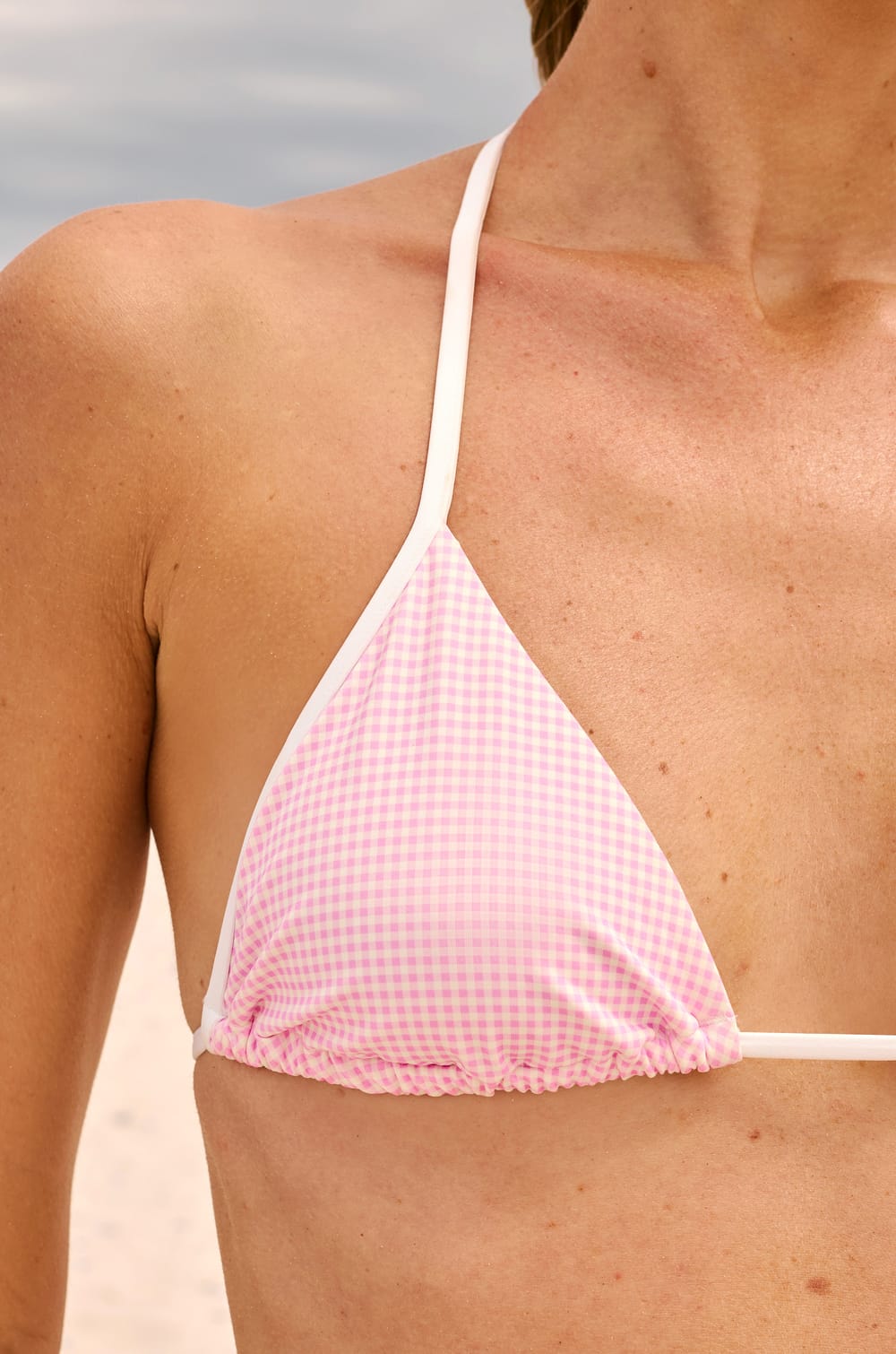 Gingham Print Triangle Bikini Top with Tie Detail;${refinementColor}
