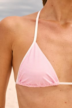 Gingham Print Triangle Bikini Top with Tie Detail;${refinementColor}
