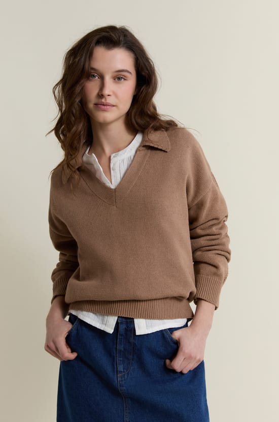 V-neck Polo with Long Sleeves in Cotton;${refinementColor}