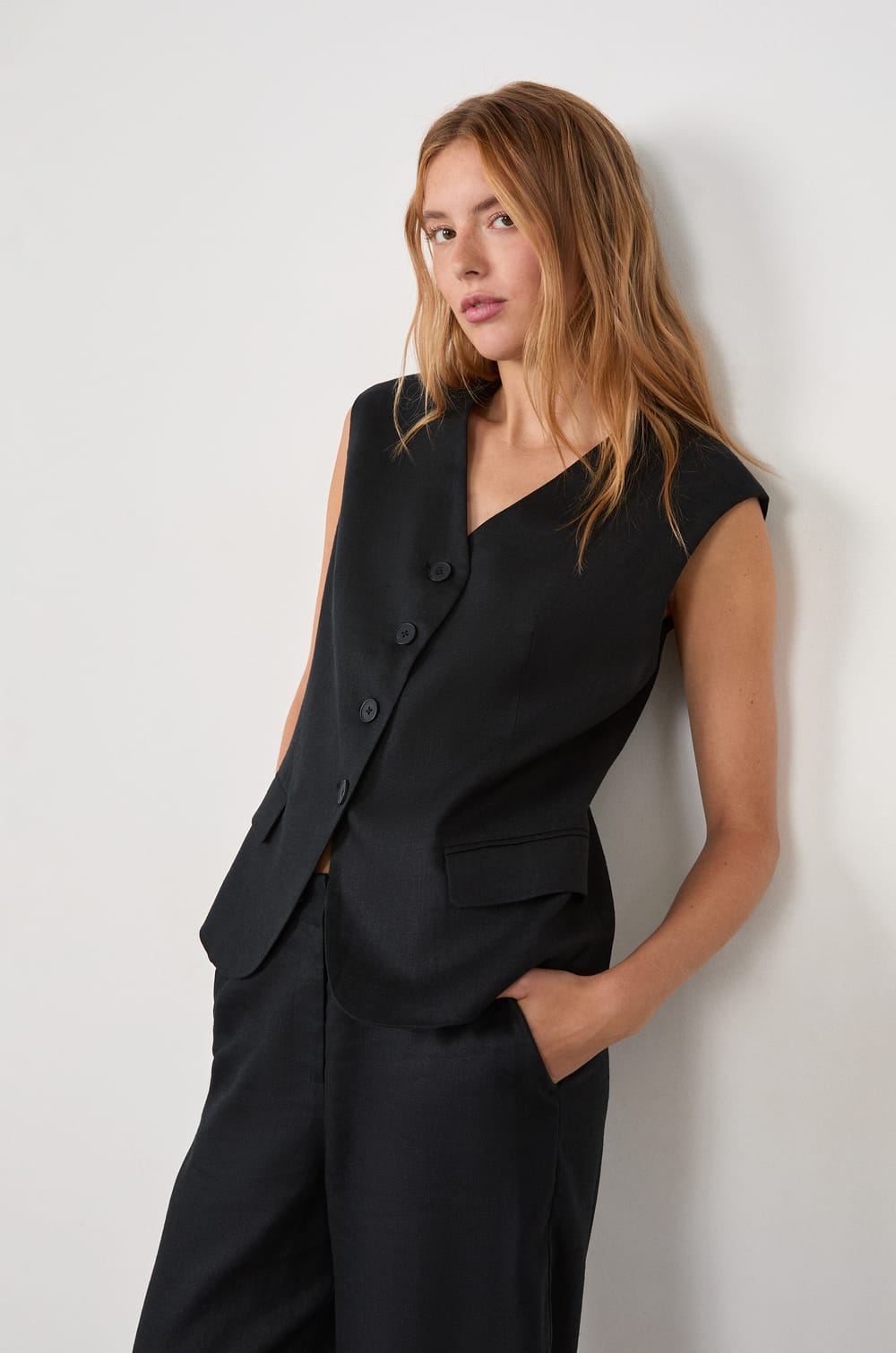Sleeveless Button-Up Cardigan;${refinementColor}