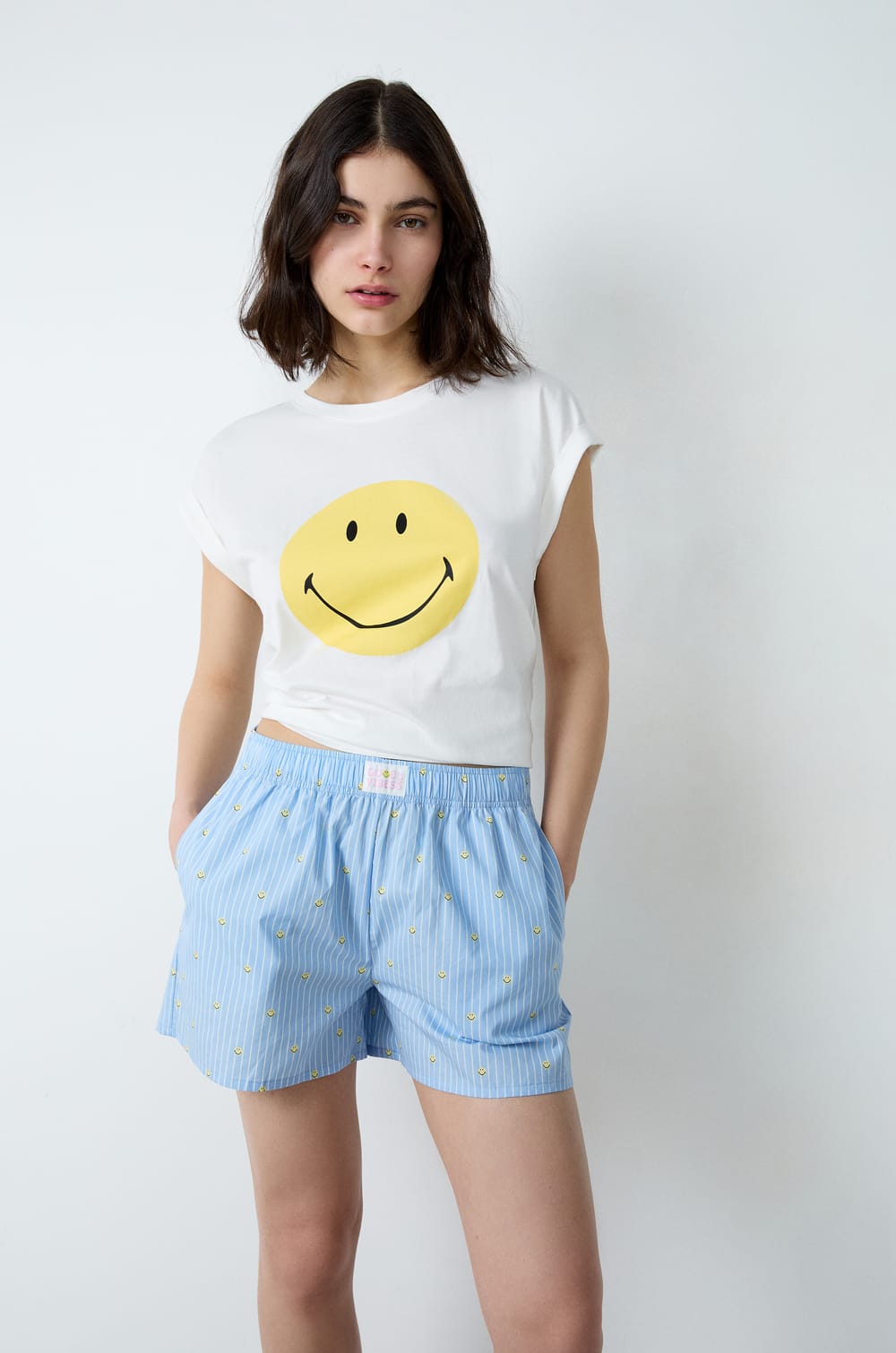 Pantalón corto de pijama de algodón a rayas Smiley®ORIGINALS;${refinementColor}