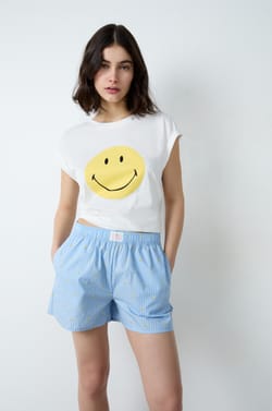 Pantalón corto de pijama de algodón a rayas Smiley®ORIGINALS;${refinementColor}