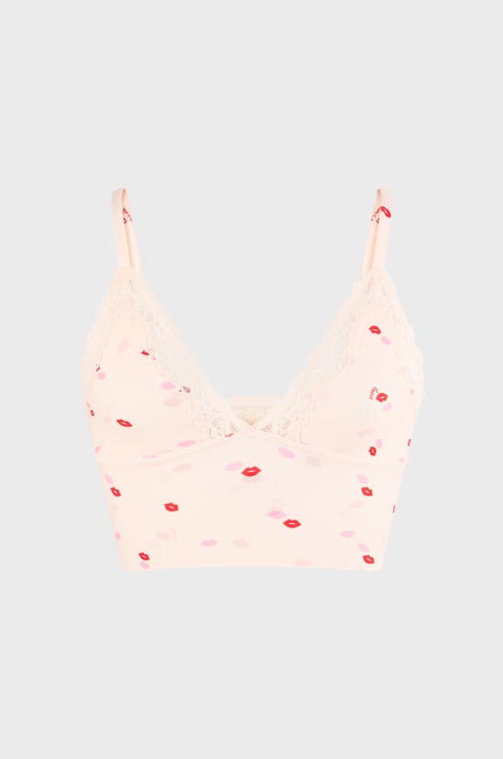 Triangle Bra with Kiss Motifs in Microfibre with Lace Details;${refinementColor}