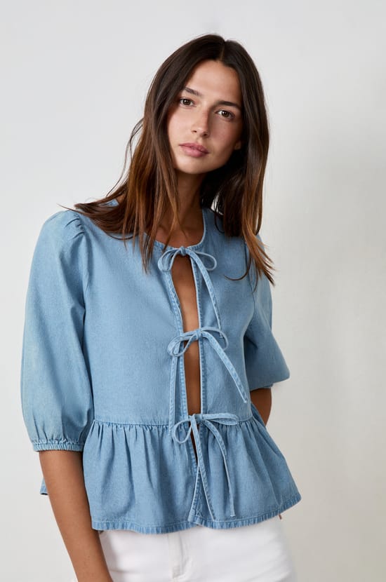 Front-tie shirt with denim effect;${refinementColor}