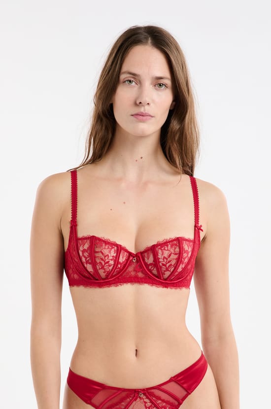 Lace and satin balconette bra;${refinementColor}