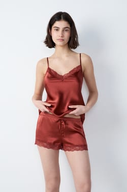 Silk pyjama shorts with lace details;${refinementColor}