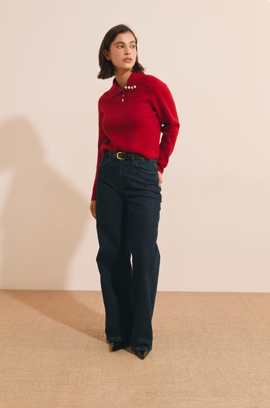 Pull col polo &agrave; d&eacute;tails boutons dor&eacute;s;${refinementColor}