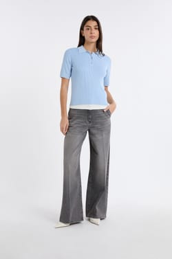 Short-sleeved polo in fine pointelle knit;${refinementColor}