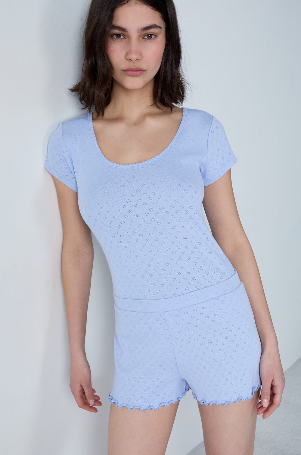 T-shirt de pyjama manches courtes en coton en pointelle;${refinementColor}