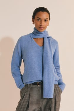 V-neck Sweater with Integrated Scarf;${refinementColor}