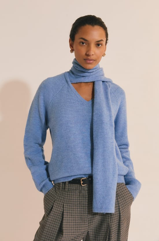 V-neck Sweater with Integrated Scarf;${refinementColor}