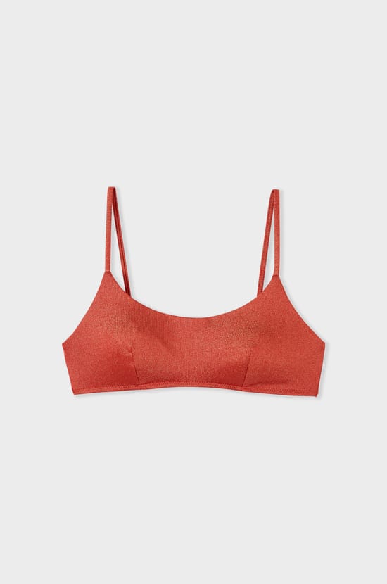 Glittery tie-front bikini top;${refinementColor}