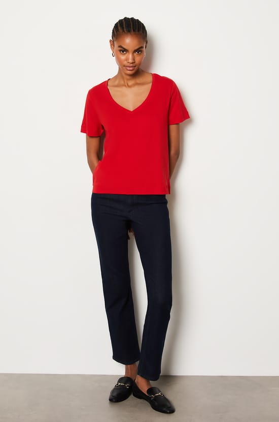 T-shirt col V manches courtes en coton;${refinementColor}