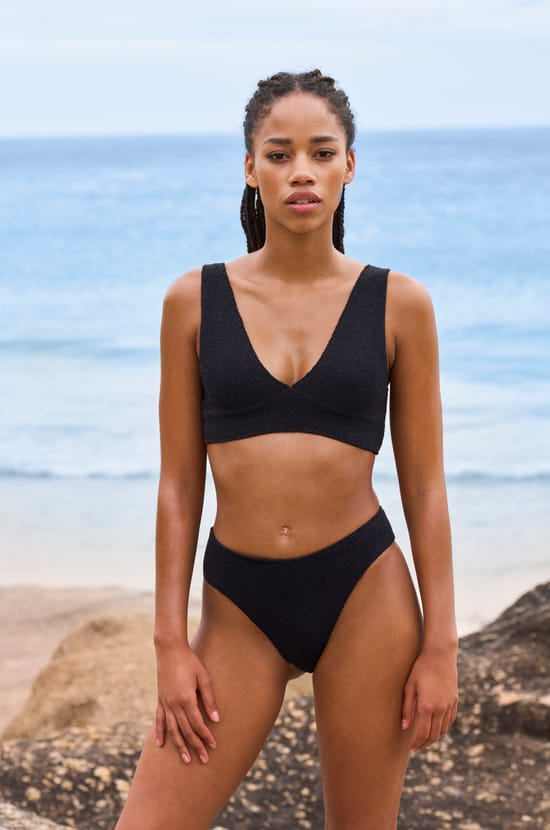 Triangle bikini top in stretchy glittery fabric;${refinementColor}