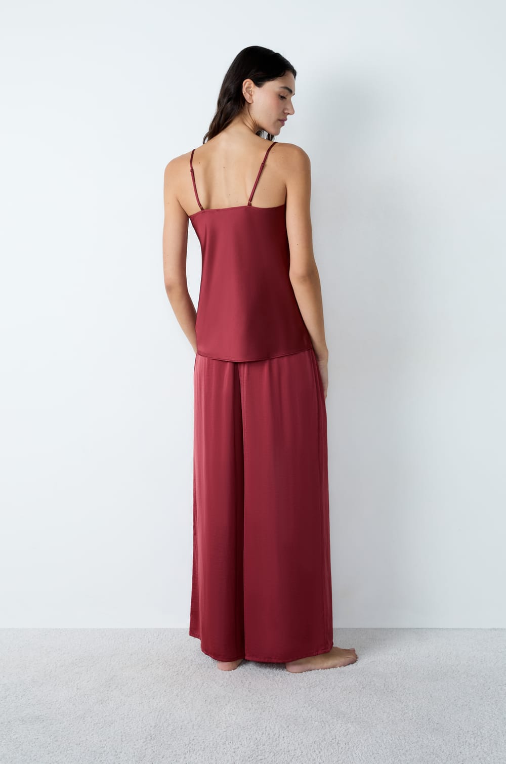 Satin camisole with lace neckline;${refinementColor}